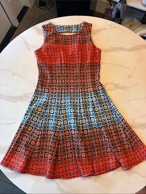 Julian Taylor Red and Blue Printed Fit-and-Flare Dress